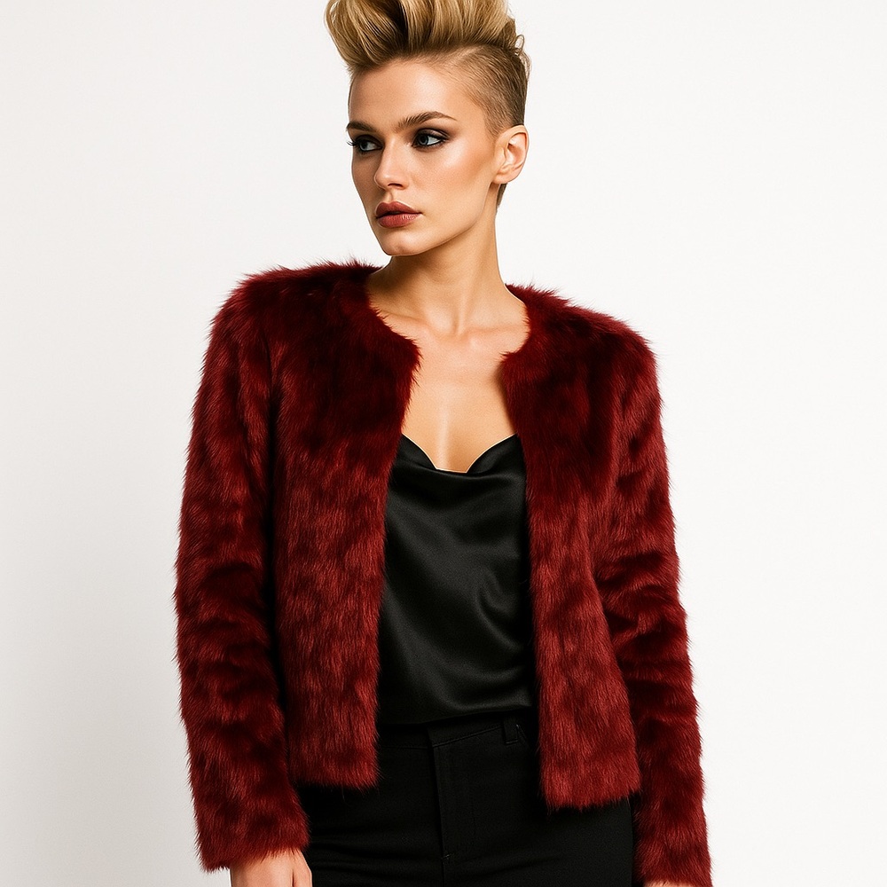 ROMEO + JULIET Couture Faux Shag Fur Jacket Coat Maroon Burgundy Red Lined M